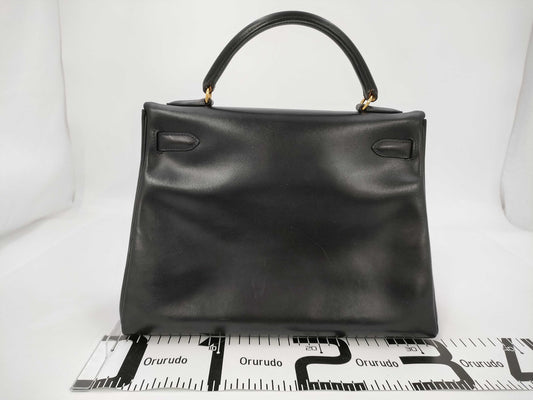 HERMES Kelly 32 Black Box Calf Leather G Hardware Handbag