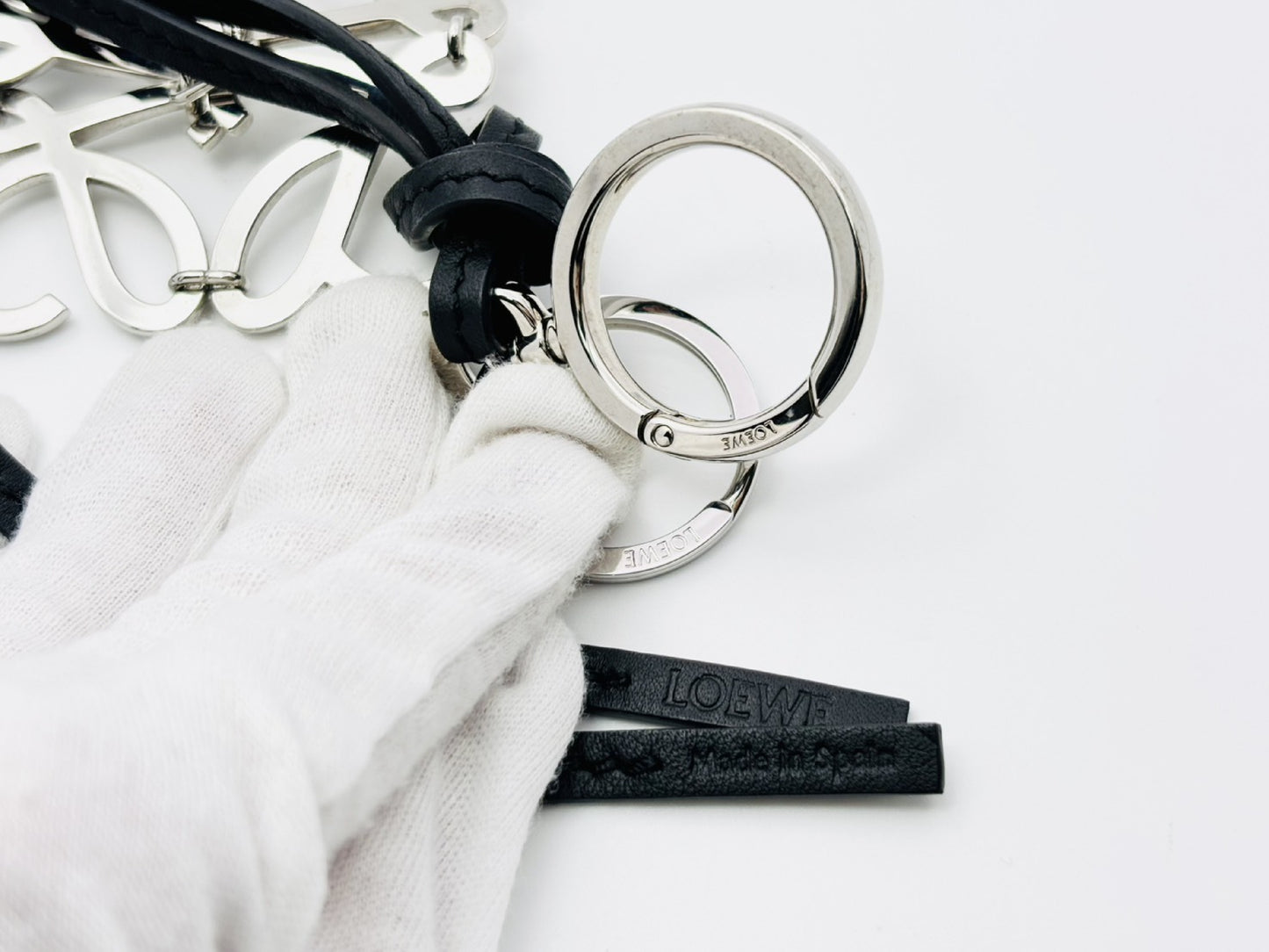 LOEWE Anagram Charm Key Ring, Metal and Leather, Silver and Black, Key Case/Key Holder