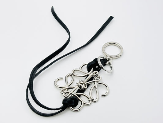 LOEWE Anagram Charm Key Ring, Metal and Leather, Silver and Black, Key Case/Key Holder