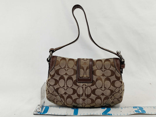 COACH Signature Handbag, Brown Canvas and Leather, with Dust Bag and Logo Charm, Shoulder Bag