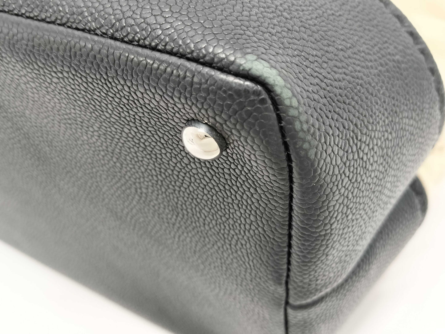 CHANEL Drawstring Shopping Tote, Beige/Black Quilted Lambskin Leather with Silver Hardware