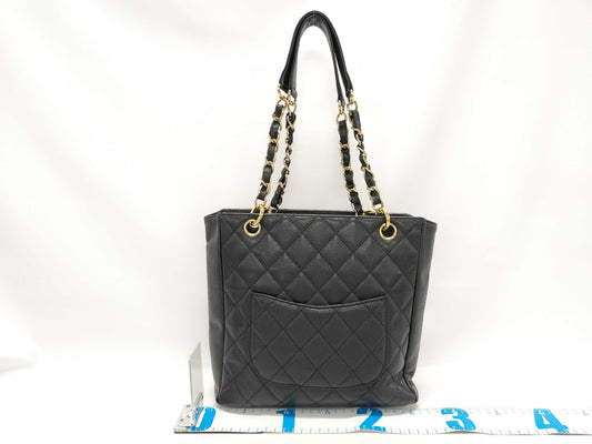 CHANEL CC Petite Shopping Tote in Black Caviar Leather with Silver Hardware