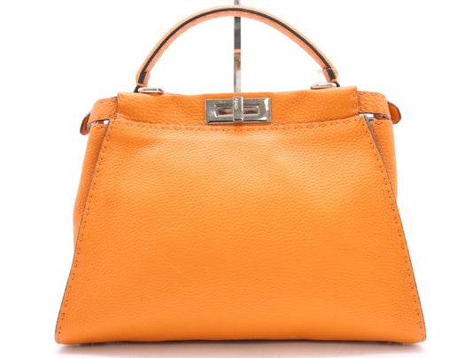 FENDI Leather Selleria Peekaboo Handbag in Orange with Shoulder Strap
