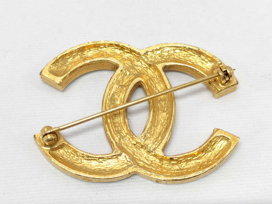 CHANEL GP Coco Mark Rhinestone Brooch Gold Brooch