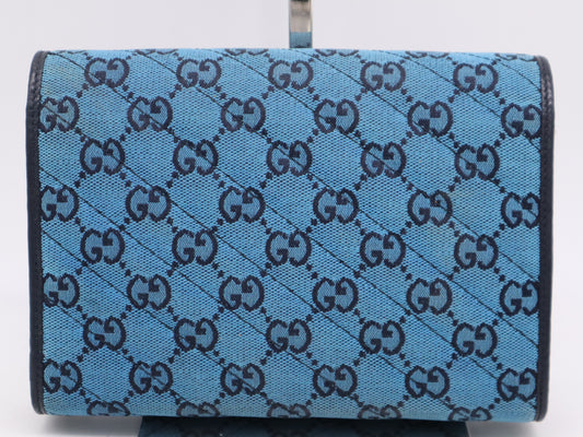 GUCCI 474575 Canvas and Leather GG Marmont Chain Wallet Blue Shoulder Bag