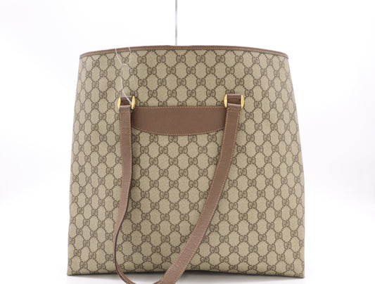 GUCCI GG Supreme 002, 615, 6660 GG Supreme x Leather Tote Bag Khaki Brown Tote Bag