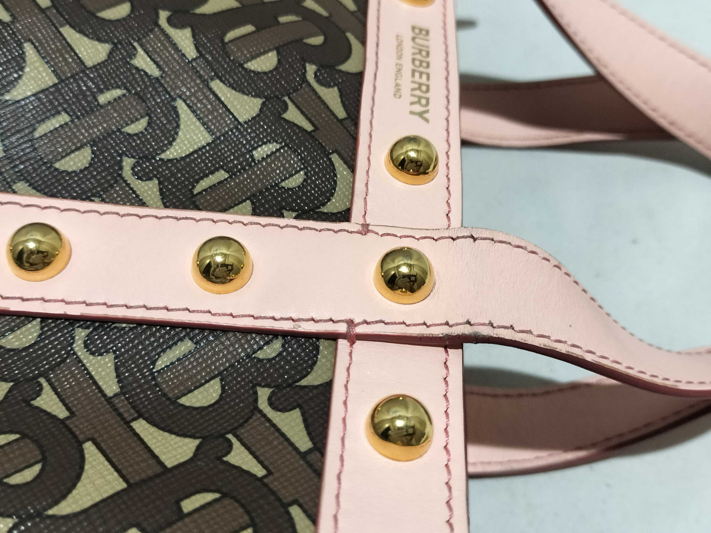 BURBERRY TB Monogram 2-way Shoulder Bag Tote Studs Brown Pink Shoulder Bag