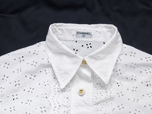 CHANEL Coco Mark 95P Ruffle Mini Shirt CC Buttons Sizes 36-38 Barbie Runway Shirt