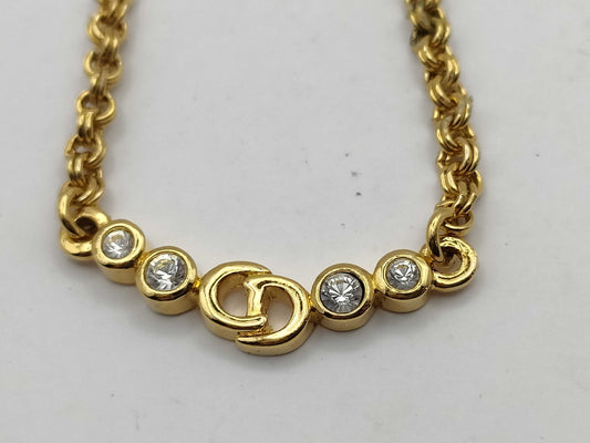 Dior Logo Rhinestone Gold Necklace