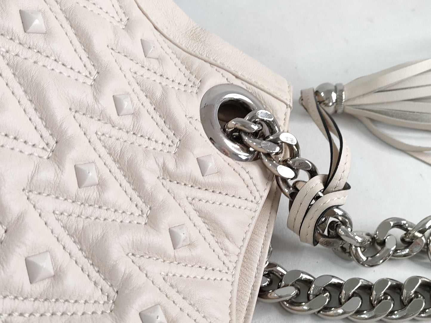 VALENTINO VALENTINO Chain Shoulder Tote Bag with Studs, V Logo, Quilted Leather, and Tassel, Ivory Tote Bag