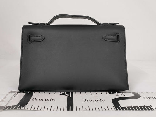 HERMES Pochette Kelly Vosswift Black GP Gold Hardware U-Engraved Handbag