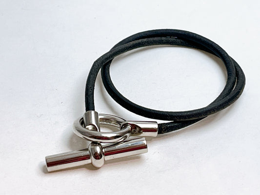 HERMES Granan Toggle Leather Choker Black Bracelet Bangle