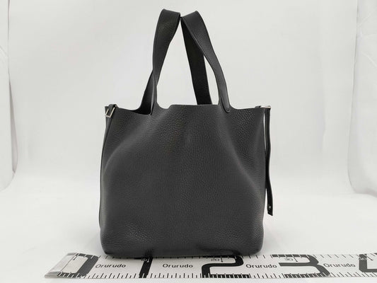 HERMES Picotan 22MM Black Trojan Clemence C-Engraved Handbag