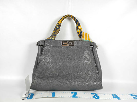 FENDI FENDI Leather Peekaboo Celeria 2-Way Handbag Grey Handbag with Strap, Charm, Box and Storage Bag