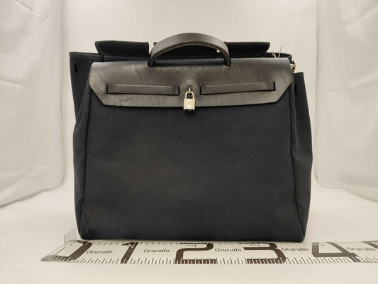 HERMES Ale Bag MM Toile Officier/Leather Black □D Engraved Shoulder Bag with Replacement Bag