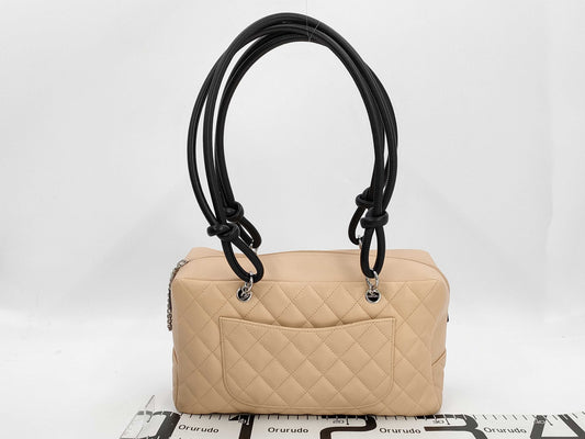 CHANEL Cambon Line Bowling Bag Beige Black 9th Shoulder Bag