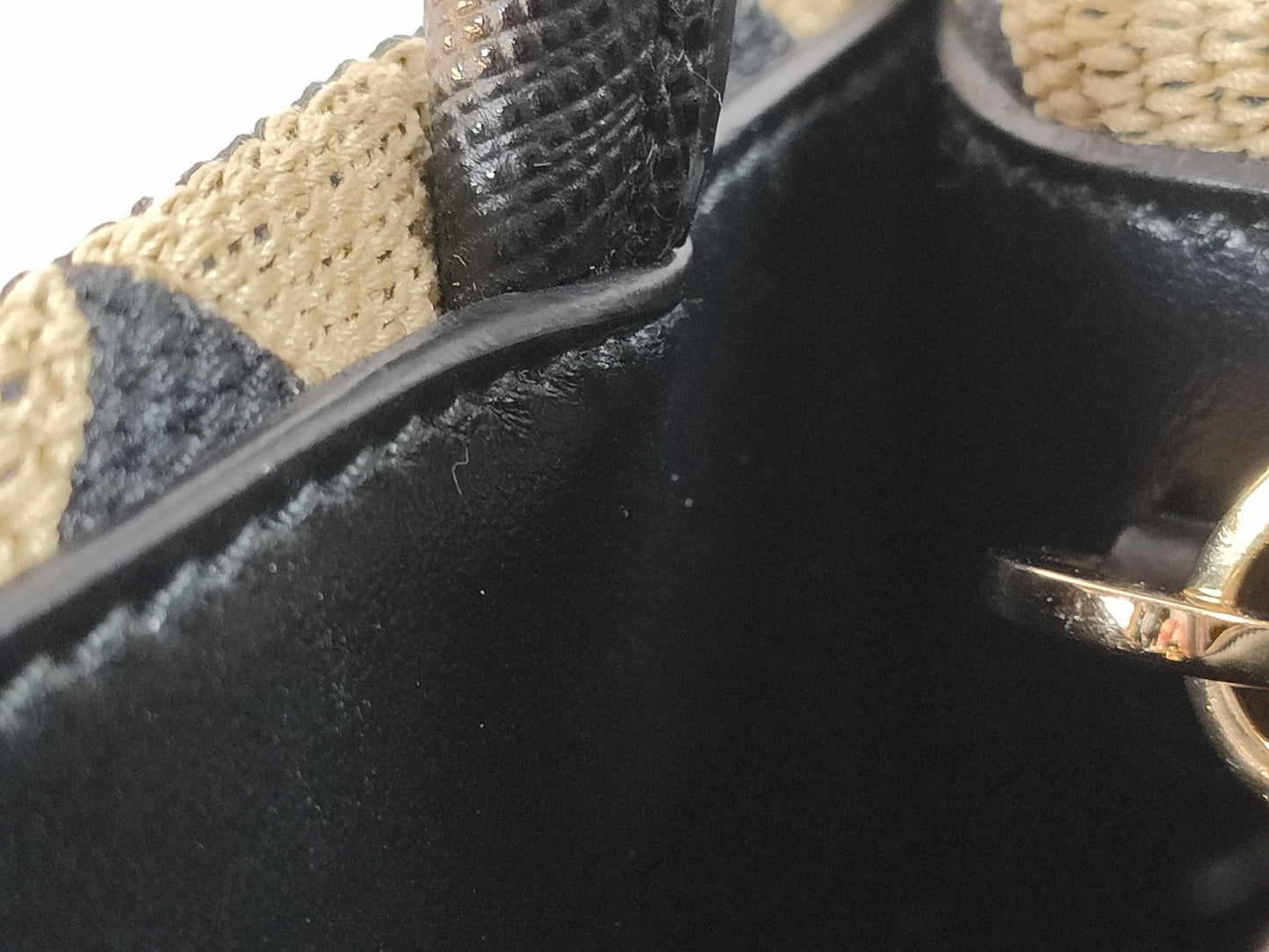 PRADA PRADA Symbol Embroidered Fabric Mini Bag 1BA355 Black x Beige Jacquard x Saffiano Leather RFID Verified Handbag