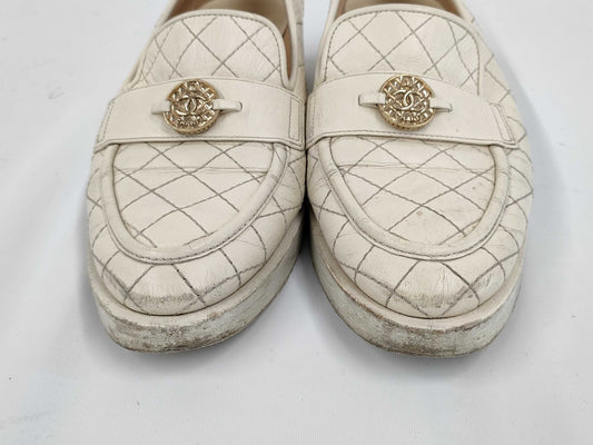 CHANEL Leather Matlassse Loafers White 36 Loafers