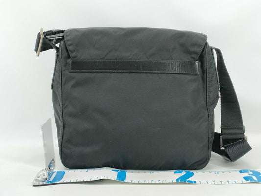 PRADA Nylon Tessuto Triangle Plate Shoulder Bag with Silver Hardware, Black