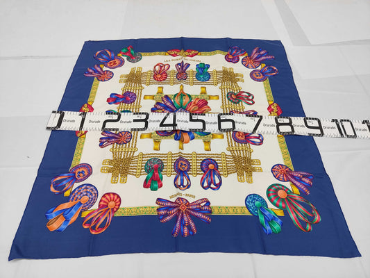 HERMES Silk Carré 90 LES RUBANS DU CHEVAL Horse Ribbon Blue Multicolor Scarf
