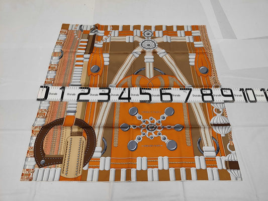 HERMES Silk Carré 90 Flora y Plata Scarf with Silver Flowers in Orange and Brown