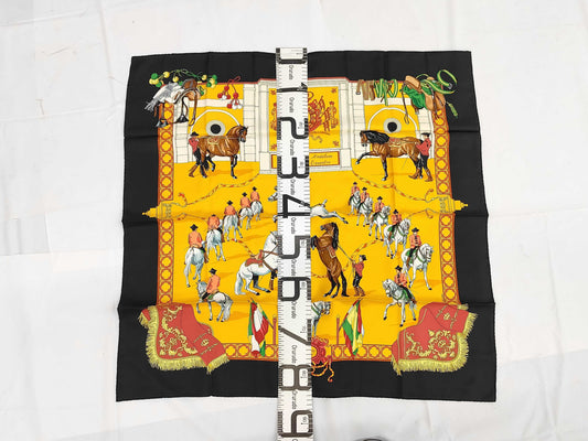 HERMES Silk Carré 90 "Real Escuela Andaluza Del Arte Ecuestre" Scarf in Yellow, Black, and Multicolor with Box