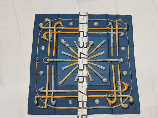 HERMES Silk Carré 90 Cannes & Pommeaux Walking Stick Pattern Scarf in Navy Multicolor with Box