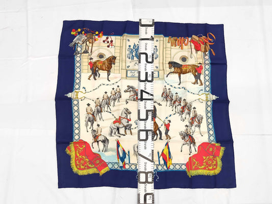 HERMES Silk Carré 90 "Real Escuela Andaluza Del Arte Ecuestre" Scarf, Blue Multicolor, with Box