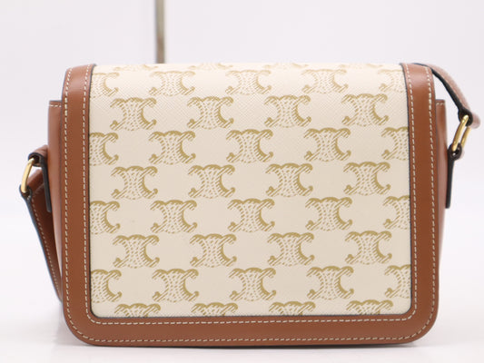 CELINE Triomphe Canvas/Calfskin Teen Triomphe Shoulder Bag in White and Brown