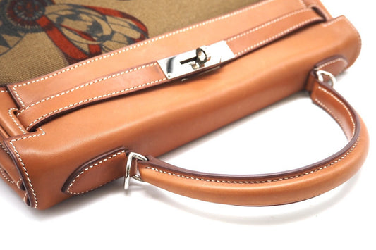 HERMES Kelly 32, inner-stitched, Amazon, 2-way handbag, O-stamped, Barenia, Toile Couvert, silver hardware, fauve, Tundra, box, dust bag, clochette, padlock, and two keys included.