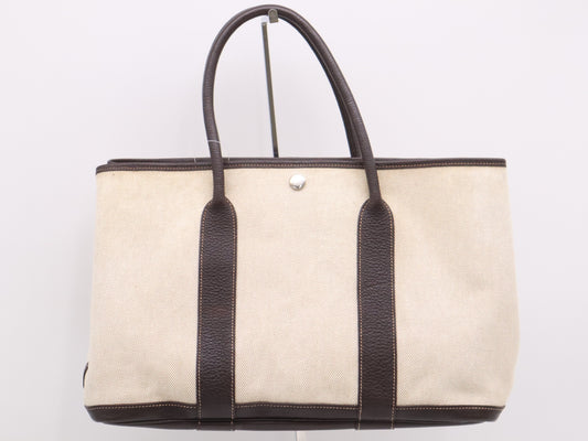HERMES Canvas x Leather Garden Party PM Tote Bag, Beige/Brown, 2005, Stamped with I