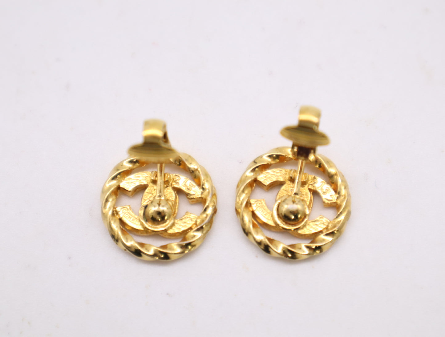 CHANEL GP Coco Mark Rhinestone Gold Earrings with Box