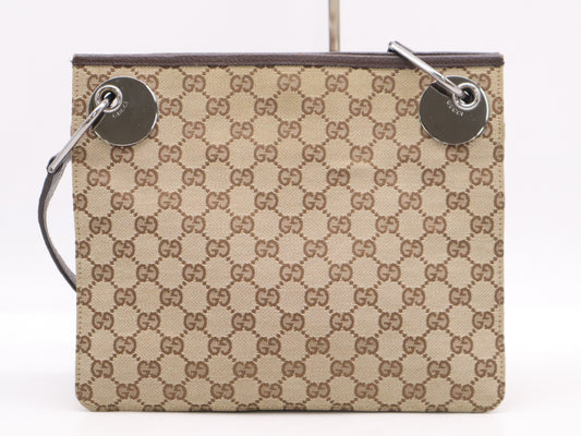 GUCCI 120841 Canvas x Leather GG Canvas Shoulder Bag Beige Brown SV Hardware Shoulder Bag