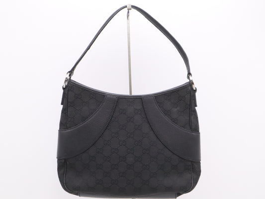 GUCCI 113012 Canvas x Leather GG Canvas Shoulder Bag Black with Silver Hardware