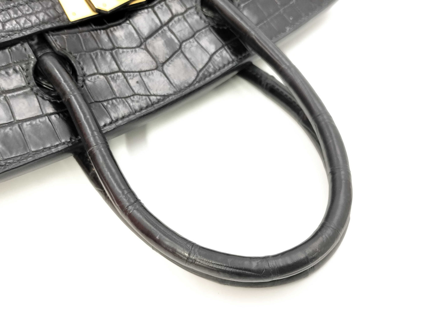 HERMES Birkin 30 Black Gold Hardware Croco Matte G-Engraved Handbag