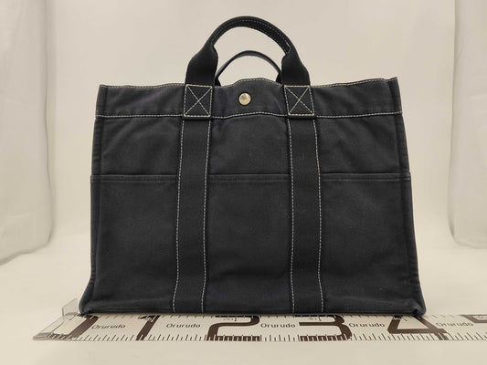 HERMES Deauville MM Canvas Handbag Silver Hardware Navy Tote Bag