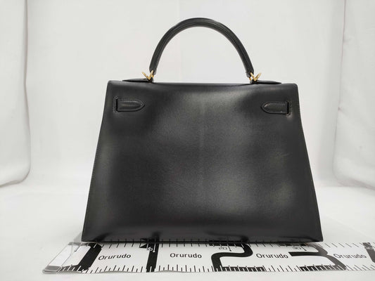 HERMES Kelly 32 Serie Box Calf Black Gold Hardware □E Handbag
