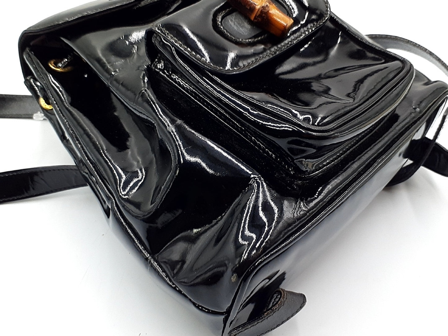 GUCCI Bamboo Backpack in Black Patent Leather with Gold Hardware 003.2058