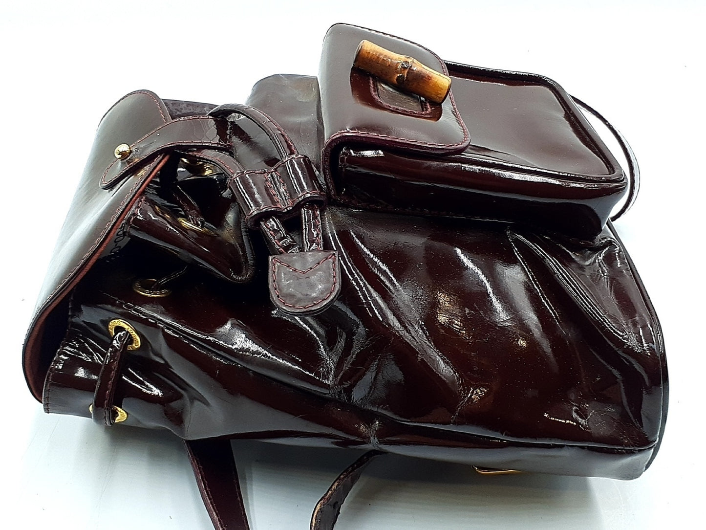 GUCCI Bamboo Backpack with Gold Hardware and Patent Leather 003.2058