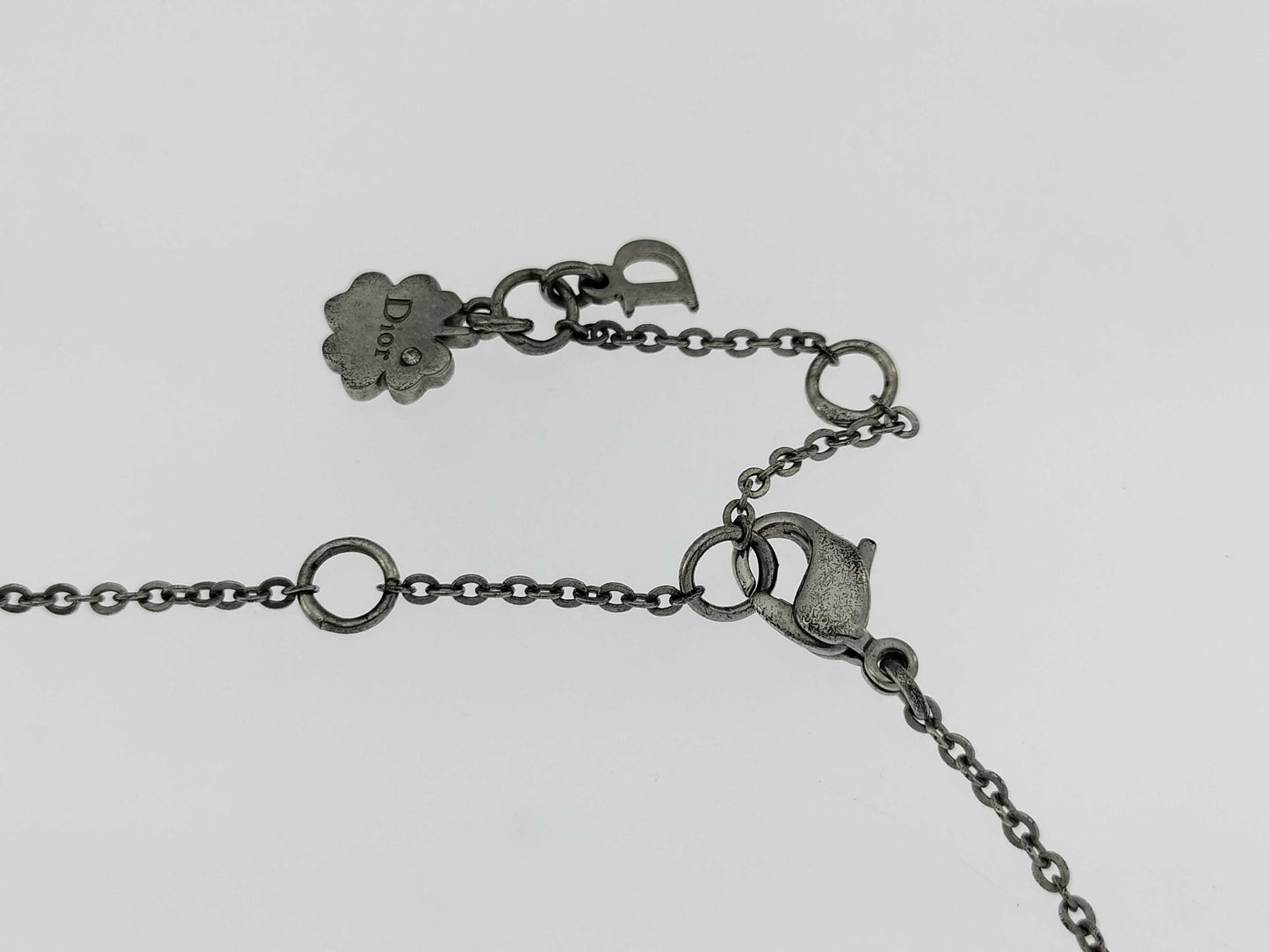 Dior Silver D Mark Ribbon Rhinestone Necklace