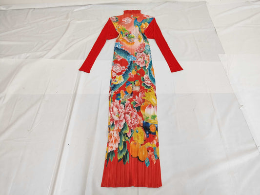 PLEATS PLEASE Issey Miyake Chinese Auspicious Dragon Print Long Dress with Side Slits
