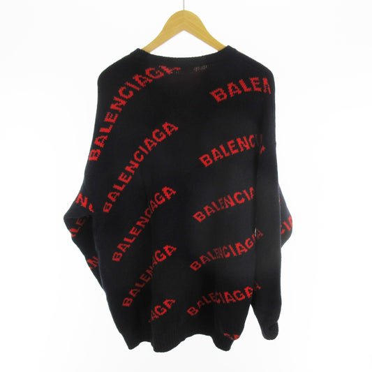 BALENCIAGA Jacquard Knit Sweater 555279 T1473 Logo Print All-Over Print XS Wool Navy Red Balenciaga Japan Tops