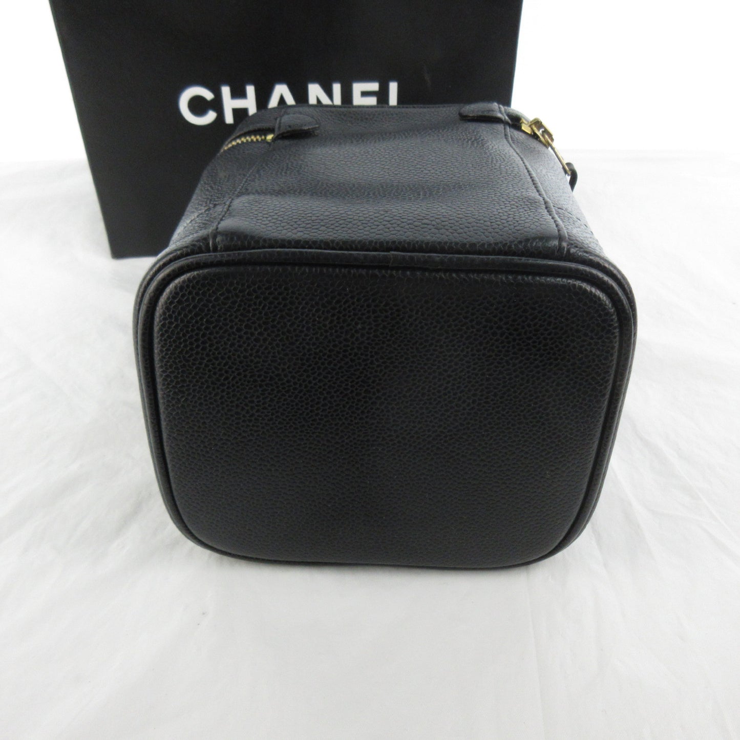 CHANEL #5 Caviar Leather Matelasse Coco Mark Black Gold Hardware Vanity Bag with Seal