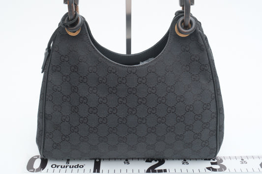 GUCCI GG Canvas Handbag with Wood Handle, Black