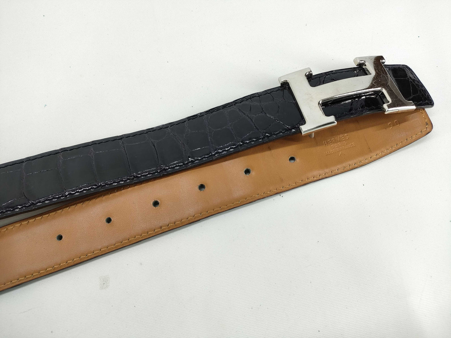 HERMES Shiny Alligator Belt Size 90 Approximately 96cm in Length H Stamp Black Belt