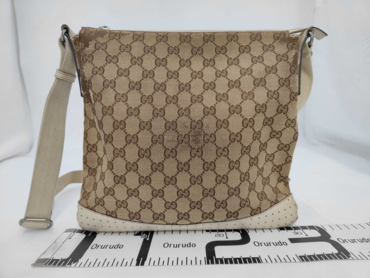 GUCCI 145857 GG Canvas Shoulder Bag, Canvas and Leather, Beige and Ivory, Comes with Dust Bag