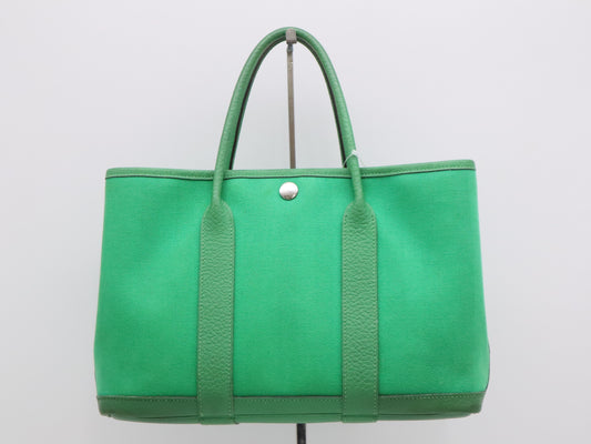 HERMES Toile Chevron x Negonda Garden Party TPM Green □R Stamp 2014 Handbag