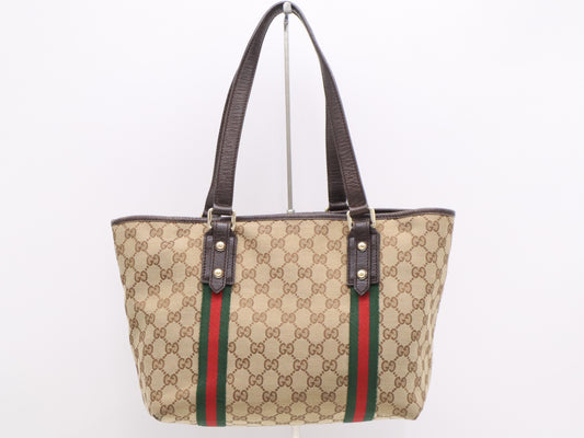 GUCCI 137396 Canvas x Leather GG Canvas Sherry Line Tote Bag Beige Brown Tote Bag