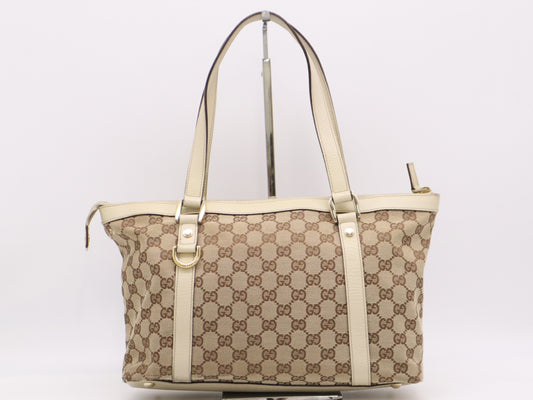 GUCCI 141470 Canvas/Leather GG Canvas Abbey Handbag in Beige and White with GD Hardware