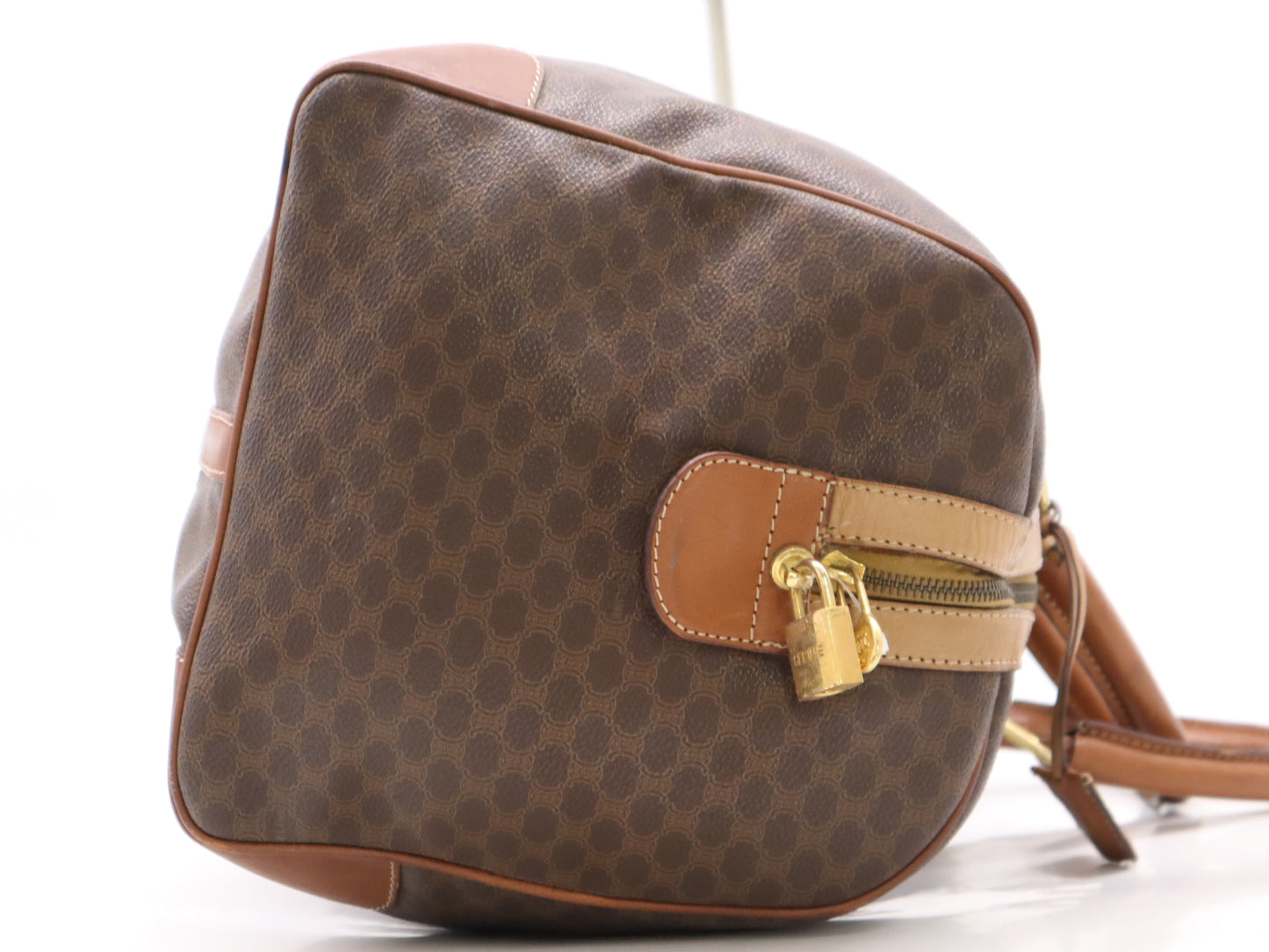 CELINE PVC and Leather Boston Bag in Macadam Brown, Light Brown, and Beige with GD Hardware, Padlock, Two Keys, and Cloche